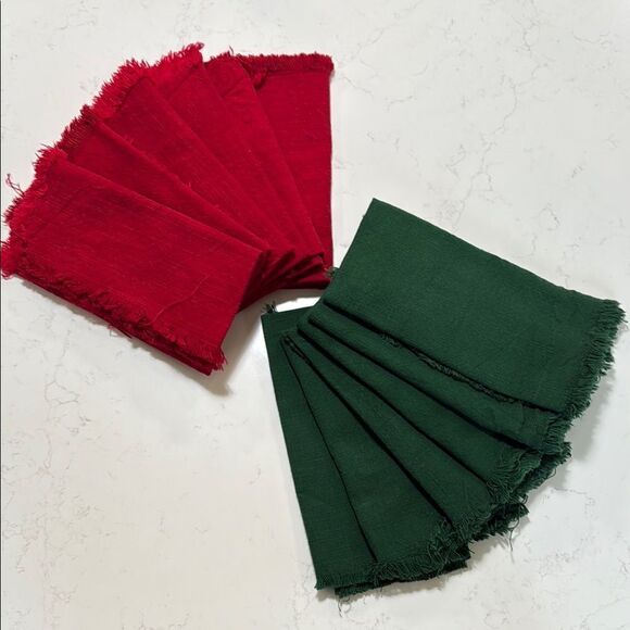 Rachel Ashwell Red and Green Fringed Napkins Set of 12.  17x17in square - Picture 1 of 1